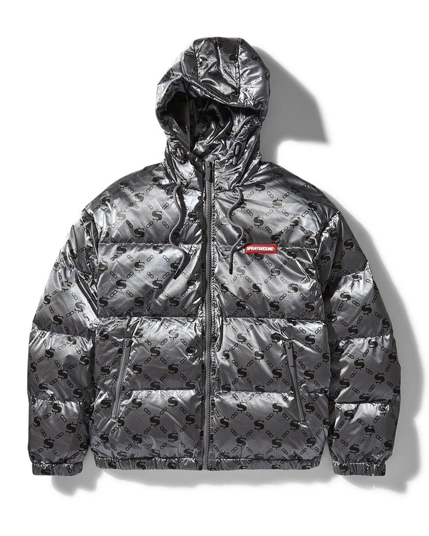 SPRAYGROUND® MONEYGRAM PUFFER JACKET (PLATINUM) APPAREL+GEAR SPRAYGROUND® MONEYGRAM PUFFER JACKET (PLATINUM) APPAREL+GEAR