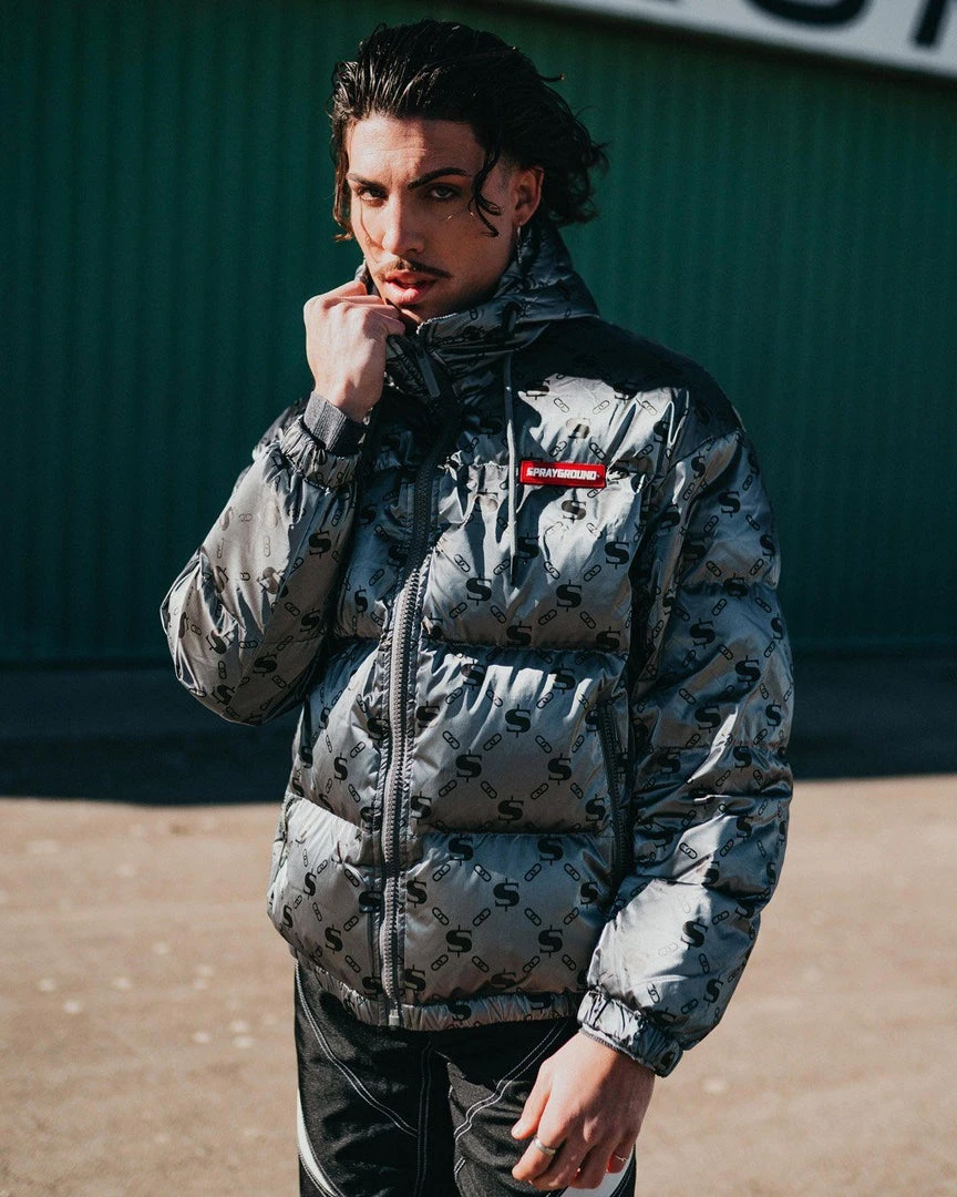 SPRAYGROUND® MONEYGRAM PUFFER JACKET (PLATINUM) APPAREL+GEAR SPRAYGROUND® MONEYGRAM PUFFER JACKET (PLATINUM) APPAREL+GEAR