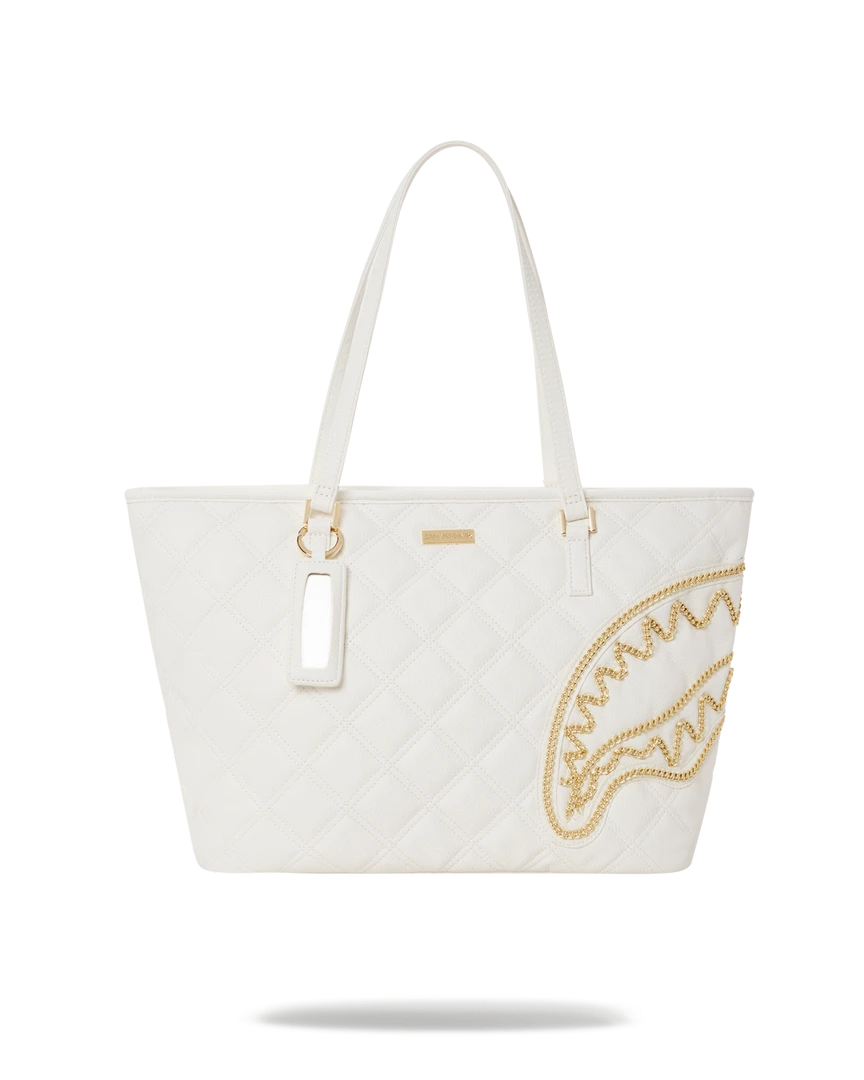 SPRAYGROUND® RIVIERA LE BLANC GOLD CHAIN SHARK TOTE 1 SPRAYGROUND® RIVIERA LE BLANC GOLD CHAIN SHARK TOTE